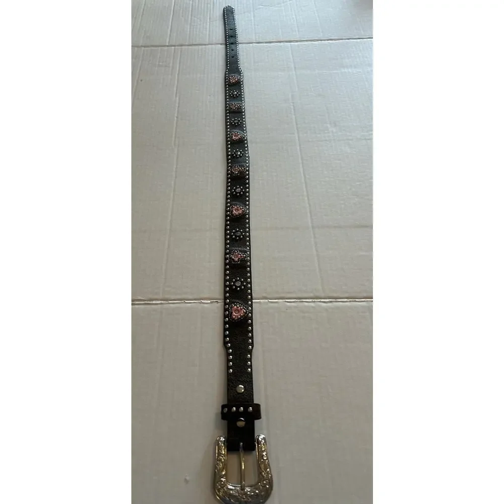NOCONA Womens Western Belt Sz 28 Brown Leather‎ Studded Pink Heart Silver Buckle